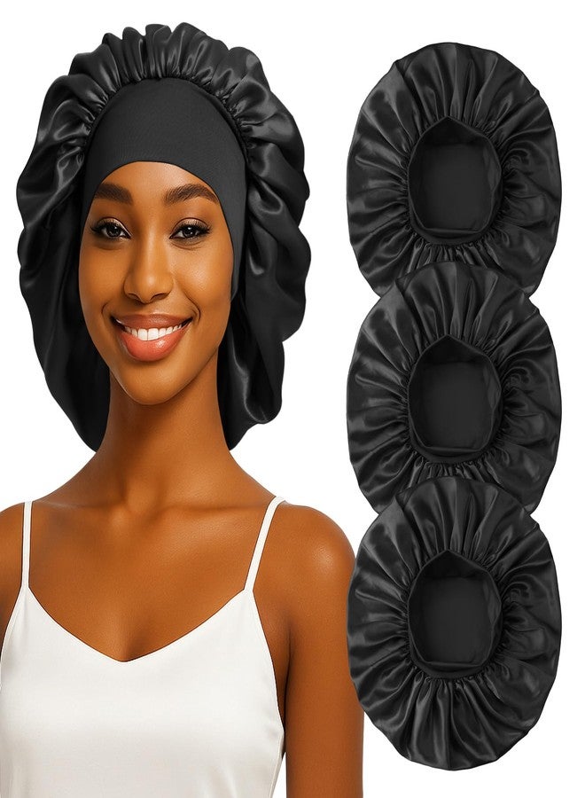 ZHENSILK 3PCS Silk Sleep Bonnet for Women, Large Satin Hair Caps with Elastic Band, Curly Hair Wrap for Sleeping, Frizz Protection (Black*3) - Image 1